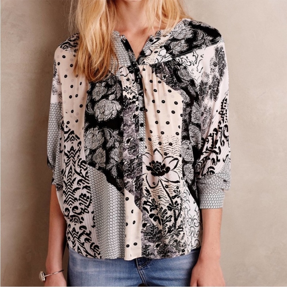 Maeve Anthropologie black white cream mixed print popover blouse size medium